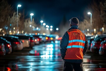 Security guard at night parking lot, ensuring safety and security, for promoting safety and security, image usable for security awareness and safety in public areas