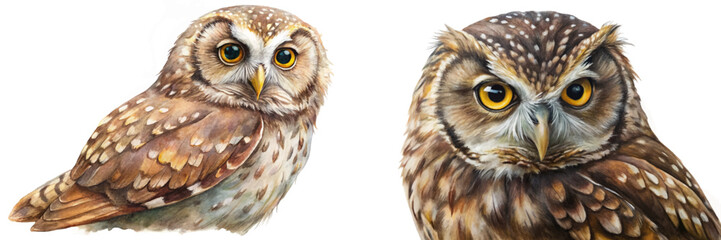 Realistic watercolor owl illustrations, detailed feathers, vibrant eyes, nature art, wildlife decor, educational purpose.