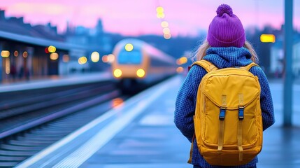 Obraz premium A person in a knitted hat stands at a train station, waiting for a train under a colorful sky at dusk. solo travel adventure experience self-discovery experience.