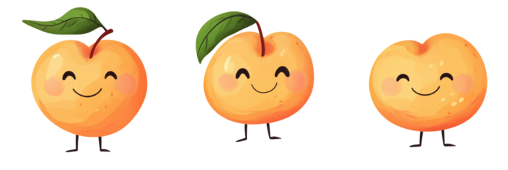 Cute smiling peaches with legs and leaves, three characters, cartoon style, vibrant colors, cheerful expressions, isolated on transparent background, png