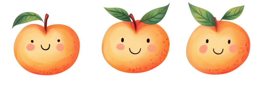Cute smiling oranges with leaves, three cheerful fruit characters, bright colors, cartoon style, playful design, isolated on transparent background, png