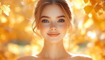 Woman smiling in autumn leaves, outdoor portrait, natural beauty