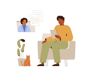 happy black man listening speech of doctor via internet from home. healthy male african american young person and medical care worker talk online. Telemedicine. vector illustration