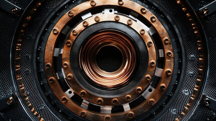 Close-up view of a metallic circular structure with copper and black elements, showcasing intricate design