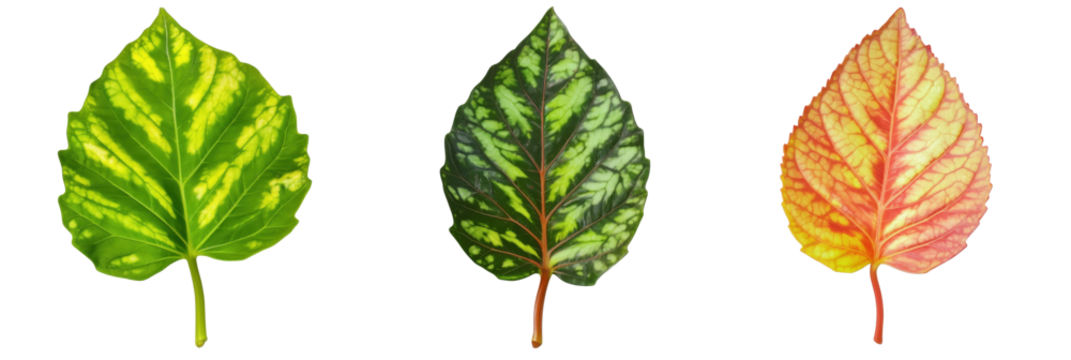 Vibrant Leaf Color Transition: Green to Yellow to Red, Showcasing Natural Leaf Variations and Photosynthesis Effects, isolated on transparent background, png