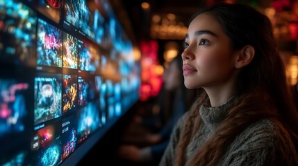 Woman studying interactive brain data display