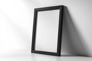 A black wooden frame, against a white wall, positioned on a white floor, for showcasing artwork, posters, or photographs in a modern and minimalist setting.