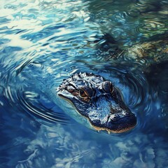 Fototapeta premium Alligator Emerges From Blue Water With Ripples In A Realistic Digital Oil Painting