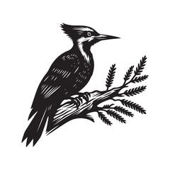 Woodpecker bird Silhouette Vector Illustration, Solid White Background.