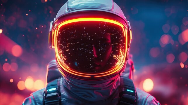Futuristic Neon Astronaut Helmet in Cosmic Light Display
