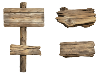 Rustic wooden signpost with weathered planks and natural textures, showcasing three distinct wooden pieces for signage or decoration, isolated on transparent background, png