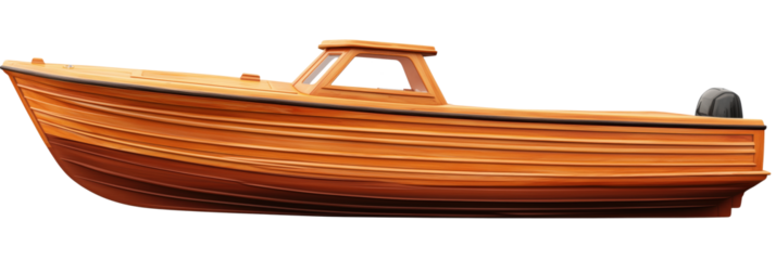 Wooden boat with sleek design and smooth finish, showcasing craftsmanship and nautical aesthetics, isolated on transparent background, png