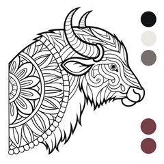 Intricate Bison Mandala Coloring Page: Detailed Animal Zentangle Art for Relaxation, Buffalo Illustration, Printable Design for Adults & Kids