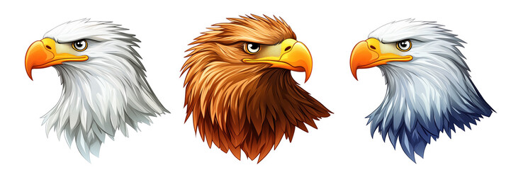 Eagle heads illustration showcasing three distinct styles: white, brown, and blue feathers with fierce expressions, isolated on transparent background, png