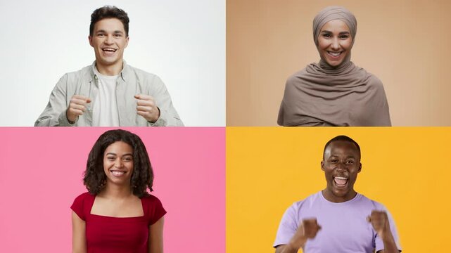 In a vibrant collage, diverse adults and children express joy and excitement through cheerful gestures, celebrating their successes and sharing emotions of happiness together.