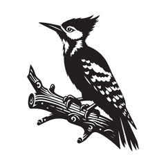 Woodpecker bird Silhouette Vector Illustration, Solid White Background.