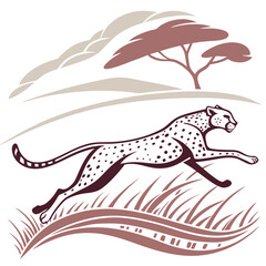 Cheetah Running in African Savannah Illustration: Wildlife Art Print of Fast Cat, Acacia Tree, and Grassland Landscape Design