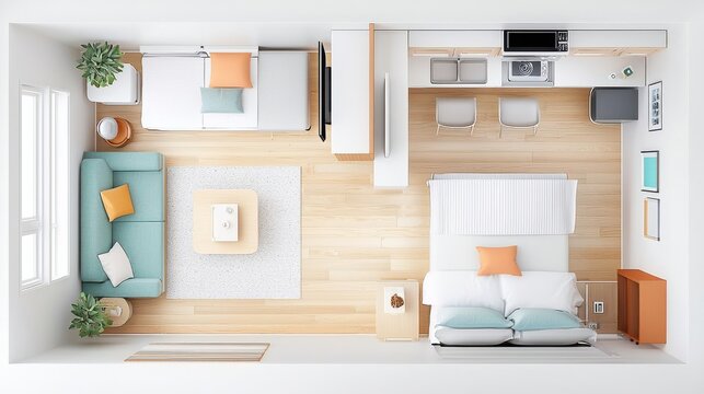 Bright and modern small living space with cozy furniture and wooden accents.