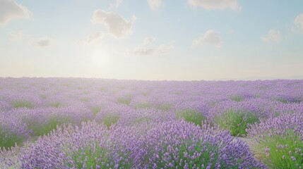 Fototapeta premium Expansive lavender field under a bright sky with soft clouds and sunlight in the background