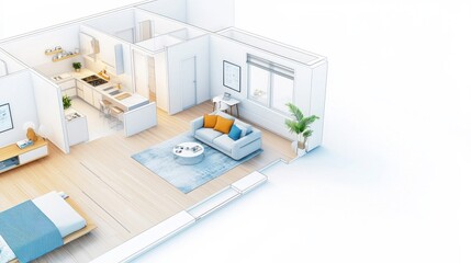 Modern living room interior with minimalist design and bright colors in a spacious layout.