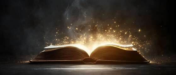 golden glow illuminating from open magic book isolated over black background; concept of fantasy book, reading advert, bookstore, readers sticker element