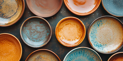 Handmade ceramic collection displayed from a top-down view showcasing various textures and colors created by skilled artisans in a vibrant studio setting