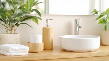 Fototapeta premium Elegant bathroom countertop setup with natural decor and modern fixtures in bright daylight