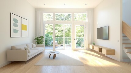 Fototapeta premium Bright and airy modern living room with natural light and greenery visible through large windows.