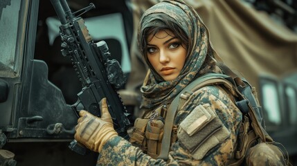 Female soldier in tactical gear holding a rifle near military vehicle in desert environment