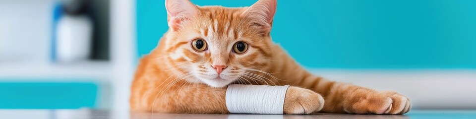 A cat with a bandaged paw laying on a table. The cat appears to be in pain and is being treated by a veterinarian