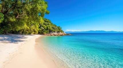 Obraz premium Serene beach landscape with turquoise waters and lush greenery in a coastal paradise during the daylight hours