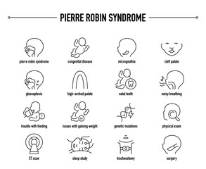 Pierre Robin Syndrome symptoms, diagnostic and treatment vector icon set. Line editable medical icons