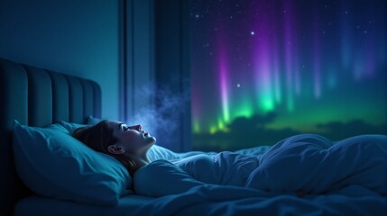 Healthy sleep in cozy bed under vivid aurora borealis casting mystical glow through the window. Scene evokes serenity, relaxation and deep rest blending soft indoor warmth with vibrant night colors