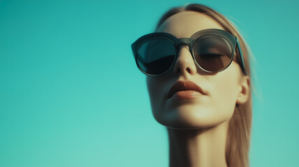 Stylish Summer: A close-up of a chic woman with blond hair wearing trendy sunglasses against a serene, aquamarine backdrop, radiating summer vibes and confidence.