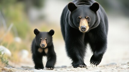 Fototapeta premium Mother and cub black bears walking together in a natural setting during daylight in a forested area