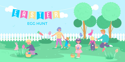 Easter egg hunt. Children outdoors looking for hidden eggs. Horizontal banner. Vector illustration.