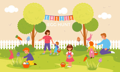 Obraz premium Easter egg hunt. Children with basket looking for and collecting eggs outdoors. Vector illustration.