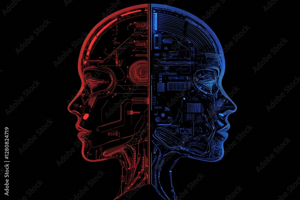 Poster Merging of organic and mechanical in a futuristic representation of humanity and technology. Generative AI
