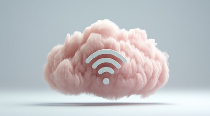 Obraz premium Fluffy Cloud Wifi Symbol Pastel Pink 3D Render Wireless Network Concept