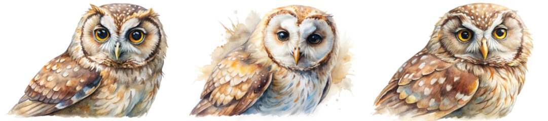 Realistic watercolor owls, detailed feathers, expressive eyes, nature illustration, wildlife art, bird portrait.