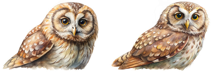 Realistic watercolor owls, detailed feathers, nature illustration, wildlife art, animal portrait, artistic design.