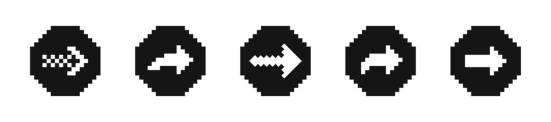 Fototapeta premium Set of pixel arrows. 8 Bit pixel arrows. Pixel arrows. 8 bit pixel arrows vector illustration. Arrow pixel art.