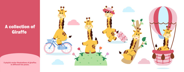 A collection of cute giraffes in different fun poses includes riding a bicycle, standing, floating in a hot air balloon, embarking on a journey with a suitcase