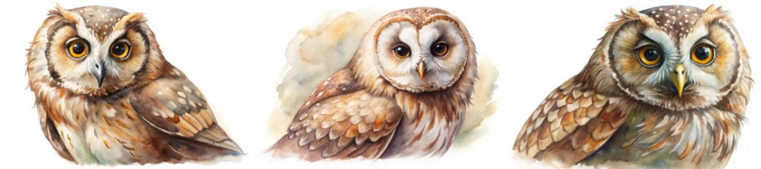 Realistic watercolor owls, detailed feathers, vibrant eyes, nature illustration, wildlife art, educational purpose.
