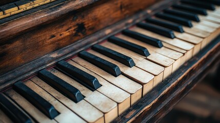 Close up view of worn and weathered piano keys showing their age and history