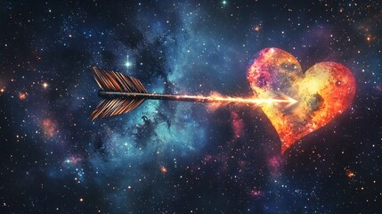 Naklejka premium Arrow pierces heart filled with stars in a vast galaxy, romantic cosmic fantasy background. 