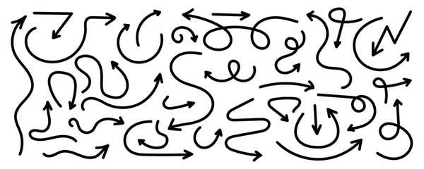 Collection hand drawn arrows. Set simple arrows isolated on white background. Arrow mark icons. Hand drawn arrows