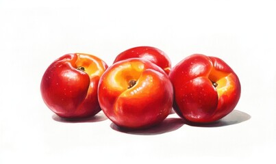 Four ripe red nectarines arranged artistically on a white background, showcasing their vibrant colors
