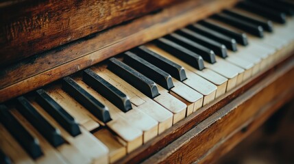 Close-up view of old and worn brown wooden piano keys with black and white keys