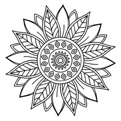 Detailed Sunflower Mandala Coloring Page: Intricate Floral Design for Relaxation & Creative Art Therapy, Printable Flower Illustration